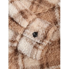 Men's Colorblock Plaid Pattern Front Pocket Fluffy Teddy Fleece Turn-down Collar Jacket